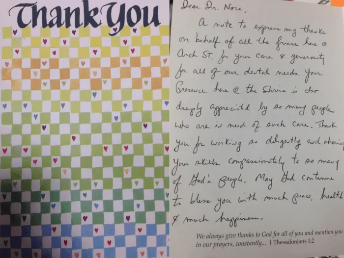 Handwritten thank-you note on checkered stationery