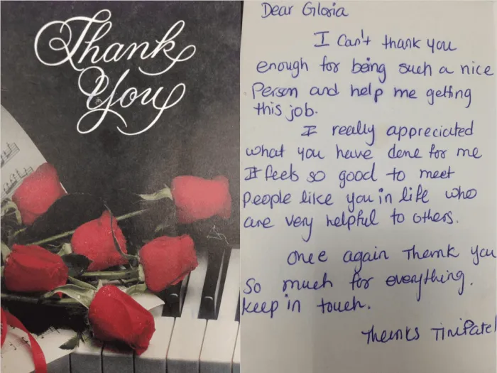 Thank-you card with handwritten message