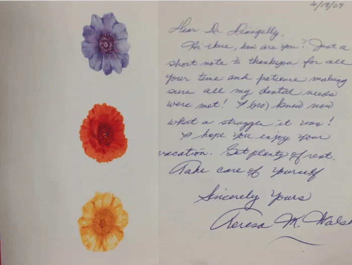 Floral thank-you card with a long handwritten note